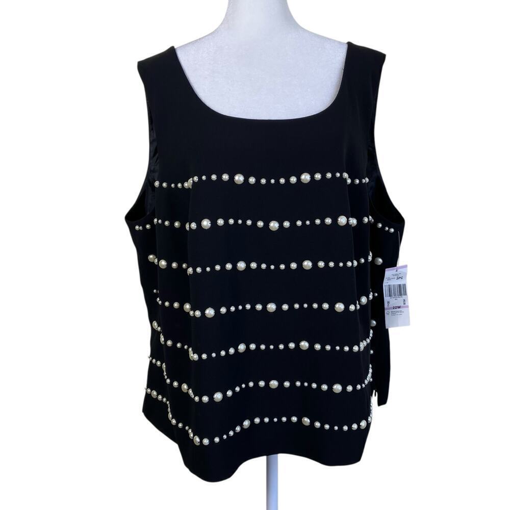Nipon Boutique NWT Sz 22W Elegant Sleeveless Blouse With Pearls Black Tailored